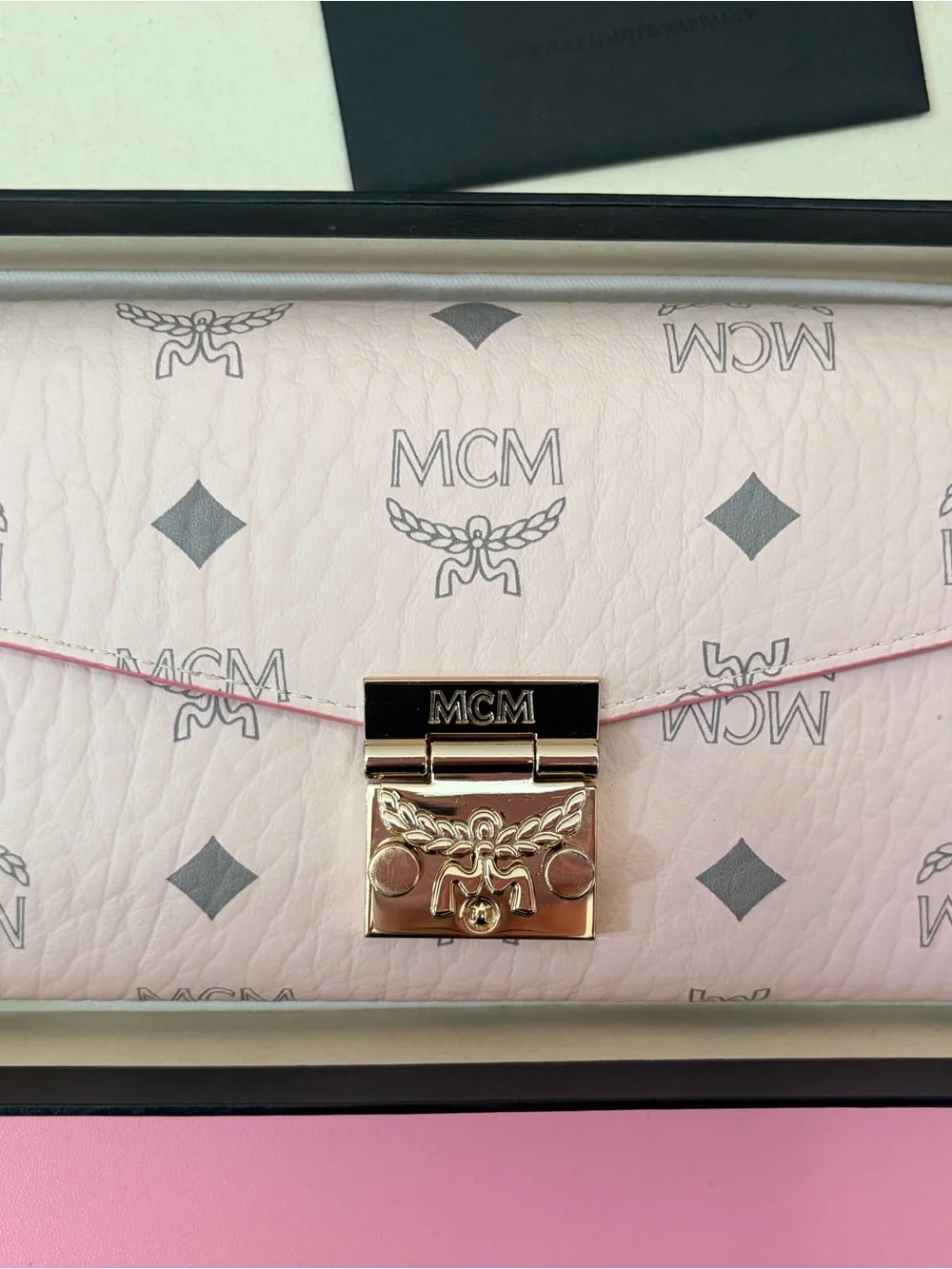 MCM Pink Visetos Logo Leather Crossbody Wallet with Gold Hardware